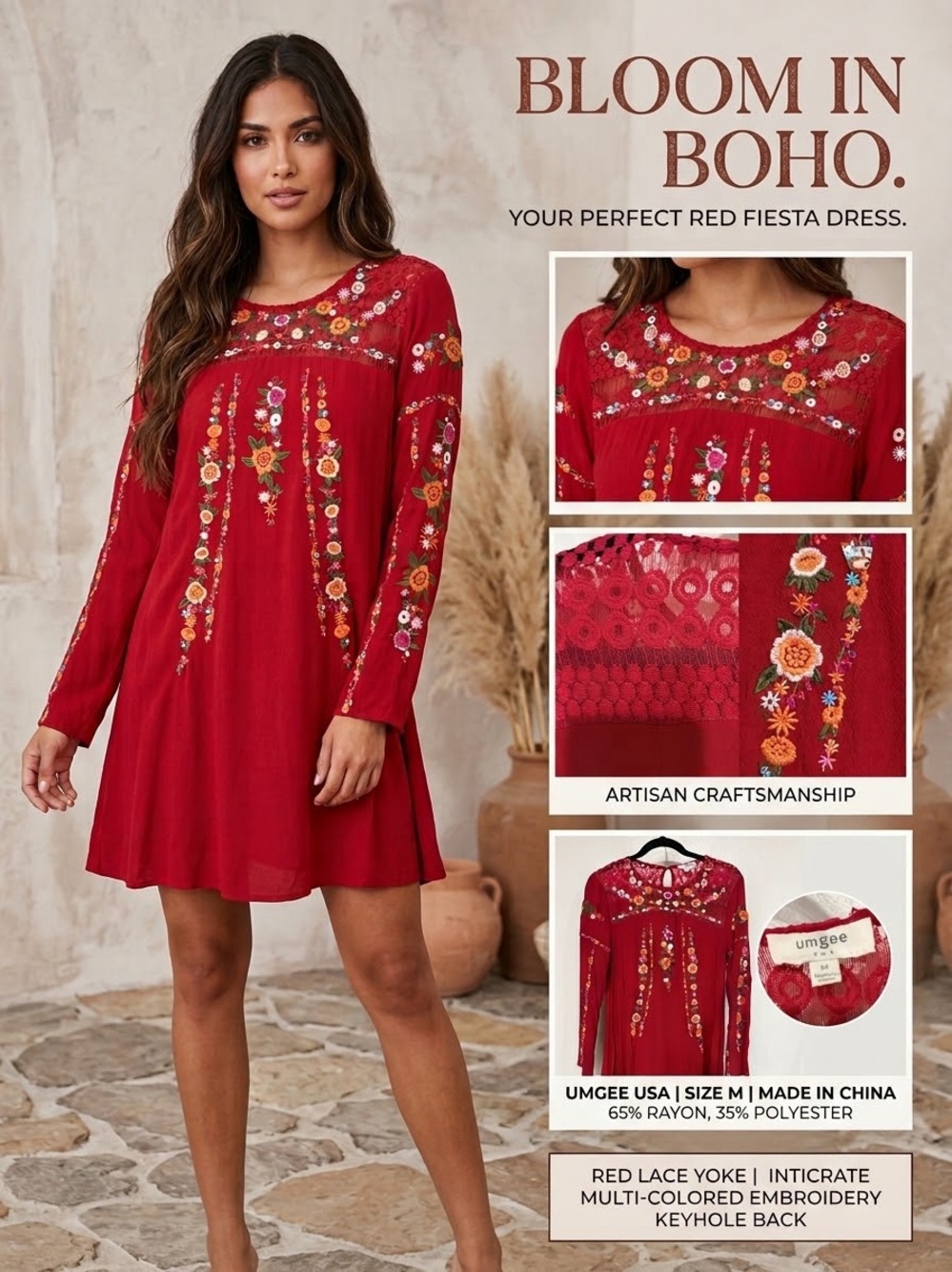 Umgee Red Embroidered Long-Sleeve Boho Dress